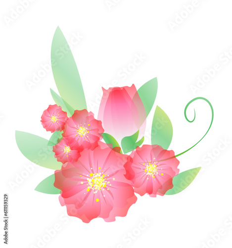 ilustracion vectorial de flores rosadas y hojas verdes