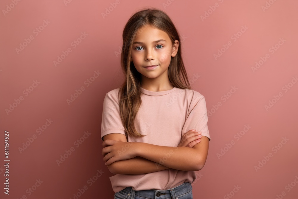 Medium shot portrait photography of a satisfied kid female crossing the arms against a dusty rose background. With generative AI technology Medium shot portrait photography of a satisfied kid female crossing the arms against a dusty rose background. With generative AI technology