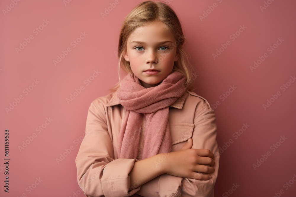 Medium shot portrait photography of a satisfied kid female crossing the arms against a dusty rose background. With generative AI technology Medium shot portrait photography of a satisfied kid female crossing the arms against a dusty rose background. With generative AI technology
