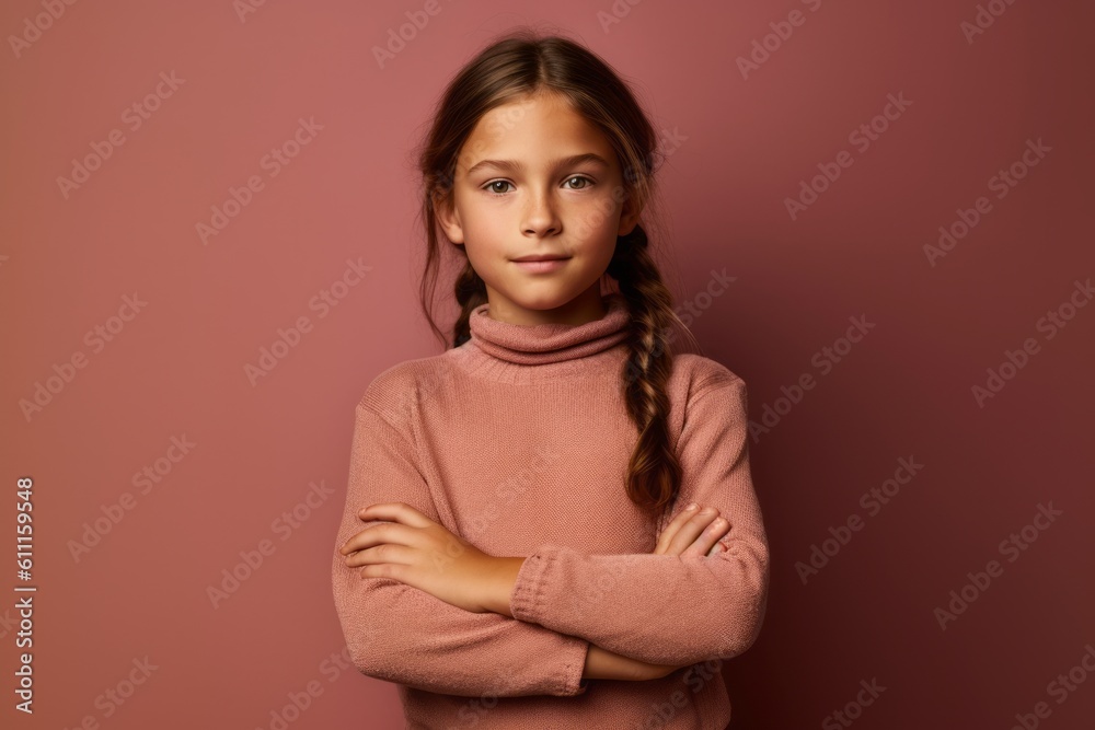 Fototapeta premium Medium shot portrait photography of a satisfied kid female crossing the arms against a dusty rose background. With generative AI technology