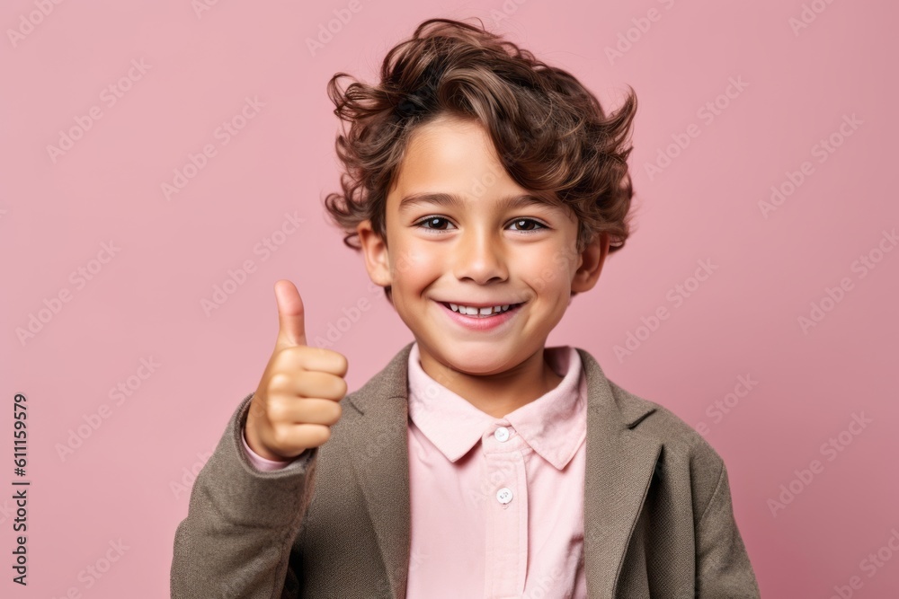 Medium shot portrait photography of a grinning kid male making an ok gesture with the fingers against a dusty rose background. With generative AI technology Medium shot portrait photography of a grinning kid male making an ok gesture with the fingers against a dusty rose background. With generative AI technology