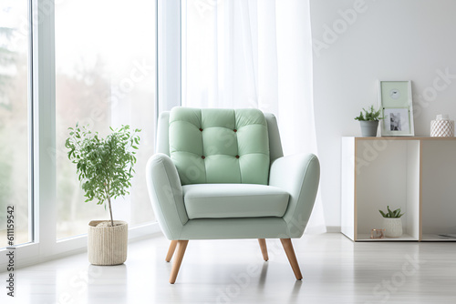 comfortable light green armchair in the white living room by the window. Stylish room interior. Generative AI