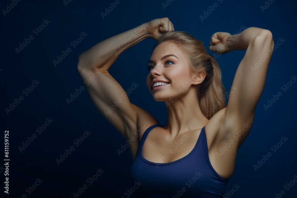 Conceptual portrait photography of a glad girl in her 30s making a i'm strong gesture showing muscles against a navy blue background. With generative AI technology Conceptual portrait photography of a glad girl in her 30s making a i'm strong gesture showing muscles against a navy blue background. With generative AI technology