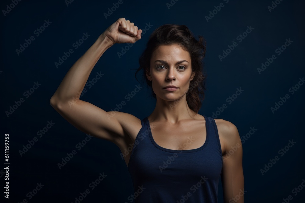 Conceptual portrait photography of a glad girl in her 30s making a i'm strong gesture showing muscles against a navy blue background. With generative AI technology Conceptual portrait photography of a glad girl in her 30s making a i'm strong gesture showing muscles against a navy blue background. With generative AI technology
