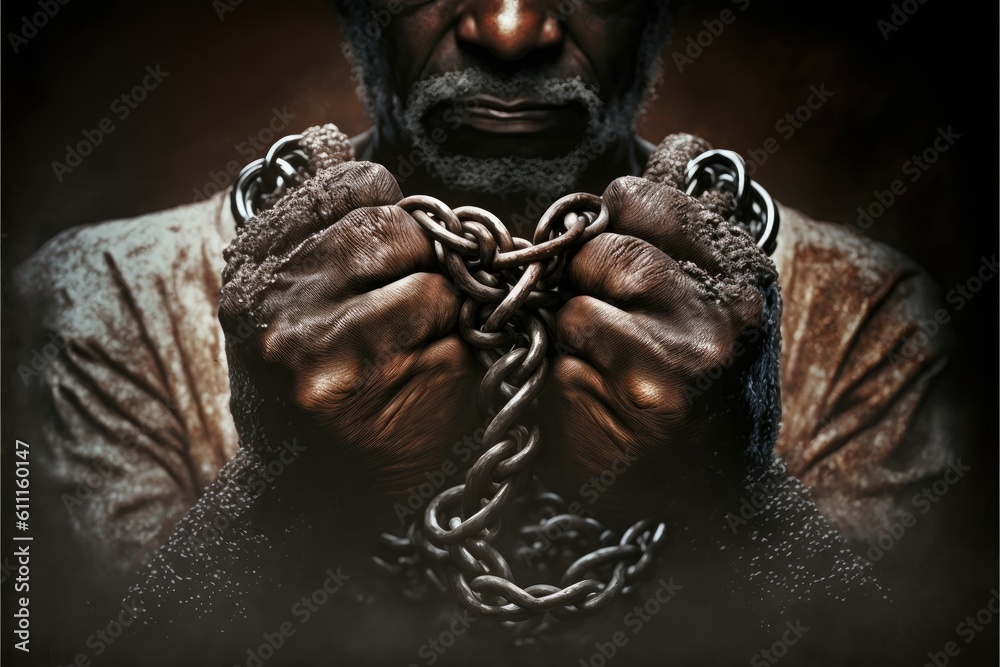 African slave squeezing chains. Slavery and freedom concept. Realistic wall art. - obrazy, fototapety, plakaty 