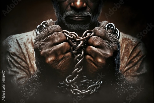 African slave squeezing chains. Slavery and freedom concept. Realistic wall art. photo