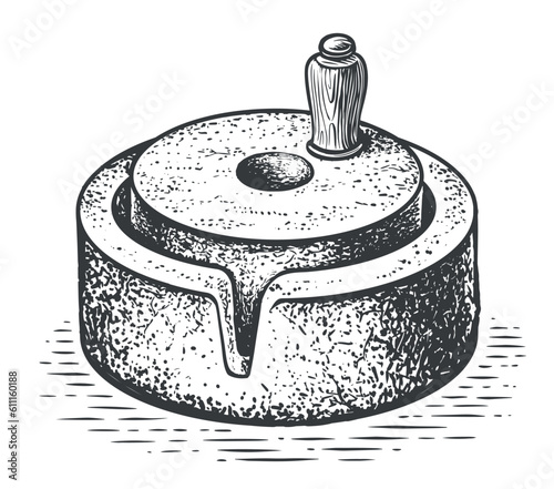 Millwheel with handle holder. Hand drawn sketch vector illustration. Processing cereal seeds into flour for cooking