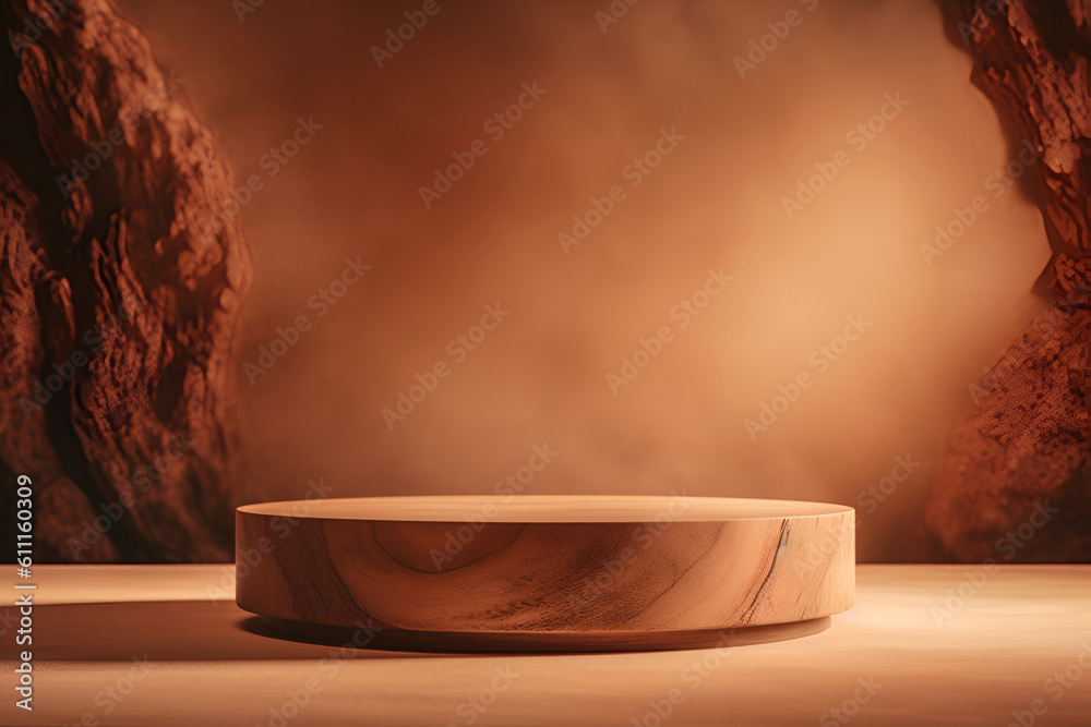 Rustic wood podium display for food, perfume, jewellery and cosmetic products on monochrome background. Generative AI Rustic wood podium display for food, perfume, jewellery and cosmetic products on monochrome background. Generative AI