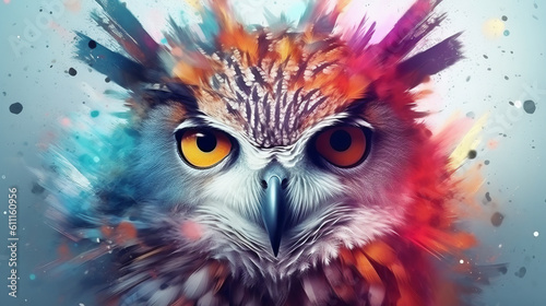 A colorful owl with bright orange eyes. Generative ai