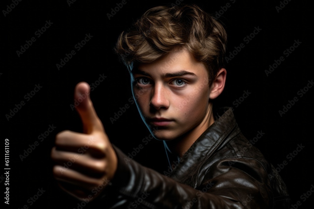 Fototapeta premium Medium shot portrait photography of a satisfied boy in his 20s raising a finger as if having an idea against a matte black background. With generative AI technology