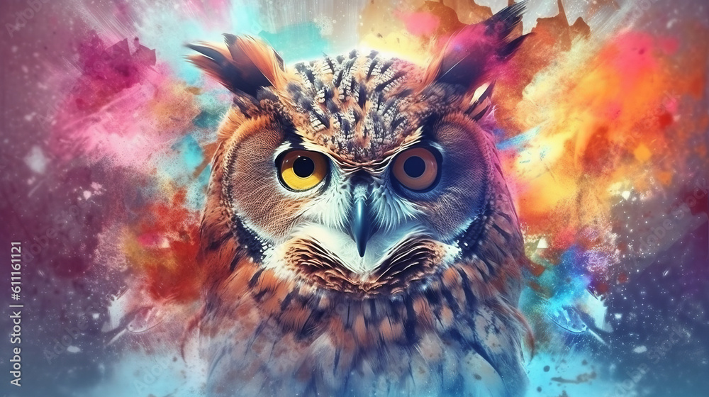 An owl with striking yellow eyes in a detailed painting. Generative ai An owl with striking yellow eyes in a detailed painting. Generative ai