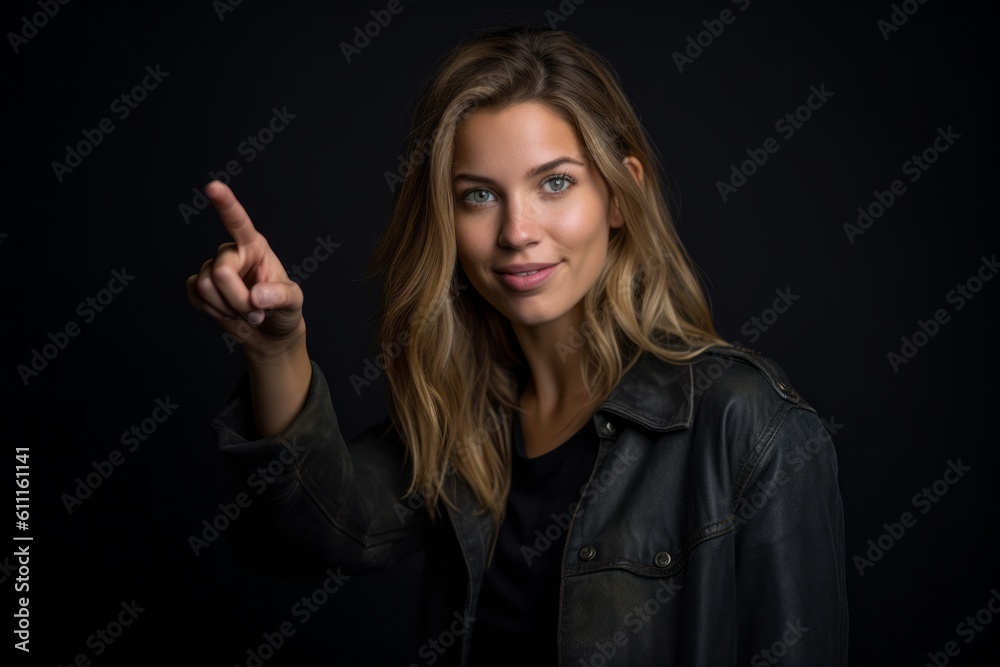 Medium shot portrait photography of a satisfied girl in her 20s pointing at oneself with the index finger against a matte black background. With generative AI technology Medium shot portrait photography of a satisfied girl in her 20s pointing at oneself with the index finger against a matte black background. With generative AI technology