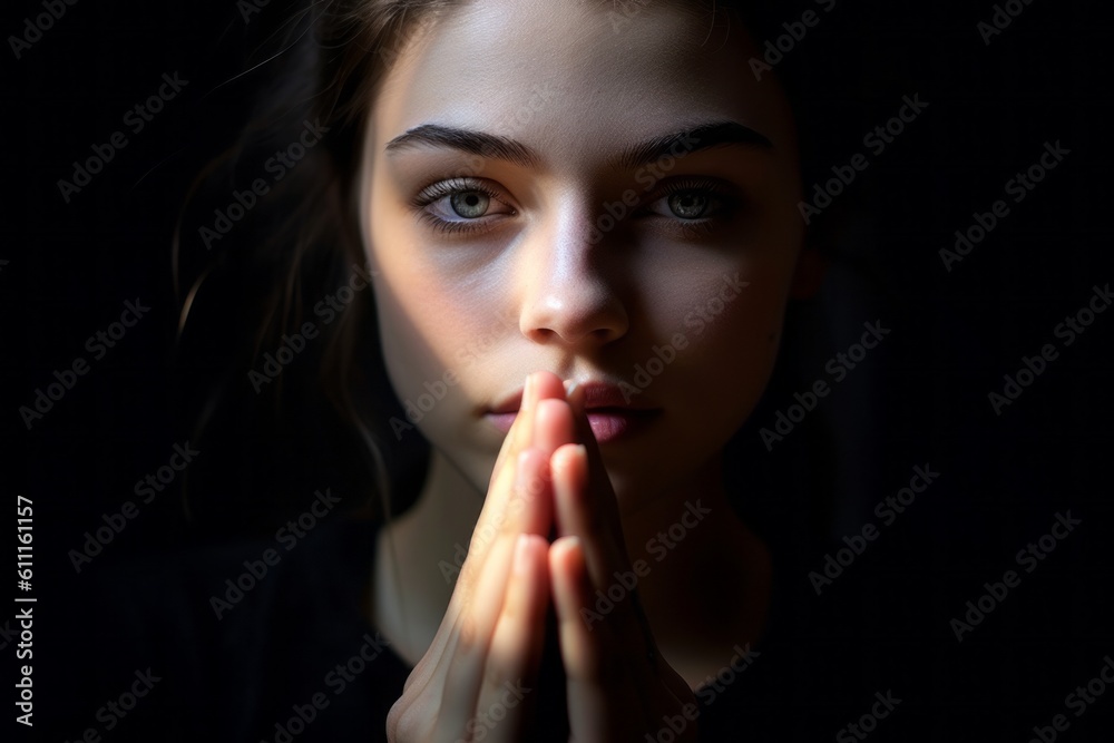Naklejka premium Close-up portrait photography of a glad girl in her 20s putting hands together as if praying against a matte black background. With generative AI technology