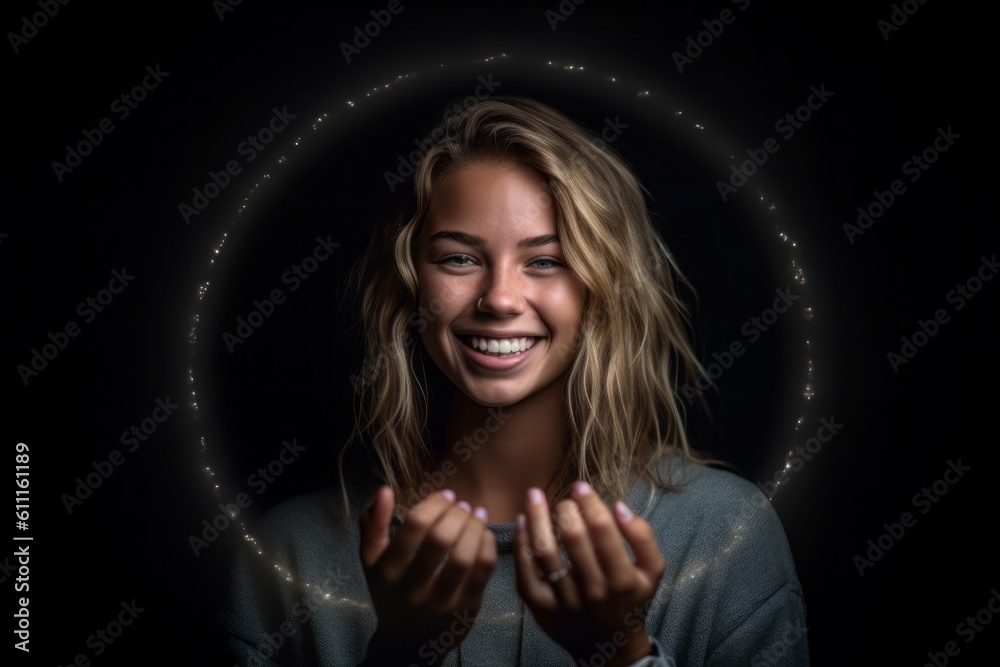 Medium shot portrait photography of a happy girl in her 20s forming a circle with the fingers to say perfect against a matte black background. With generative AI technology