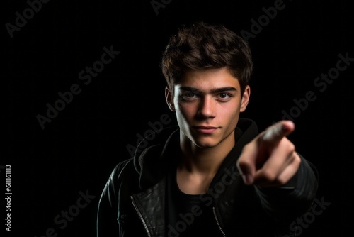 Medium shot portrait photography of a satisfied boy in his 20s raising a finger as if having an idea against a matte black background. With generative AI technology © Markus Schröder
