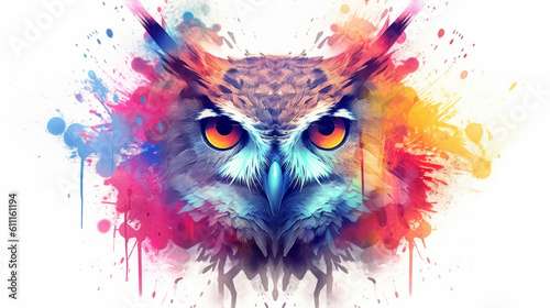 A colorful owl with striking orange eyes and paint splatters. Generative ai