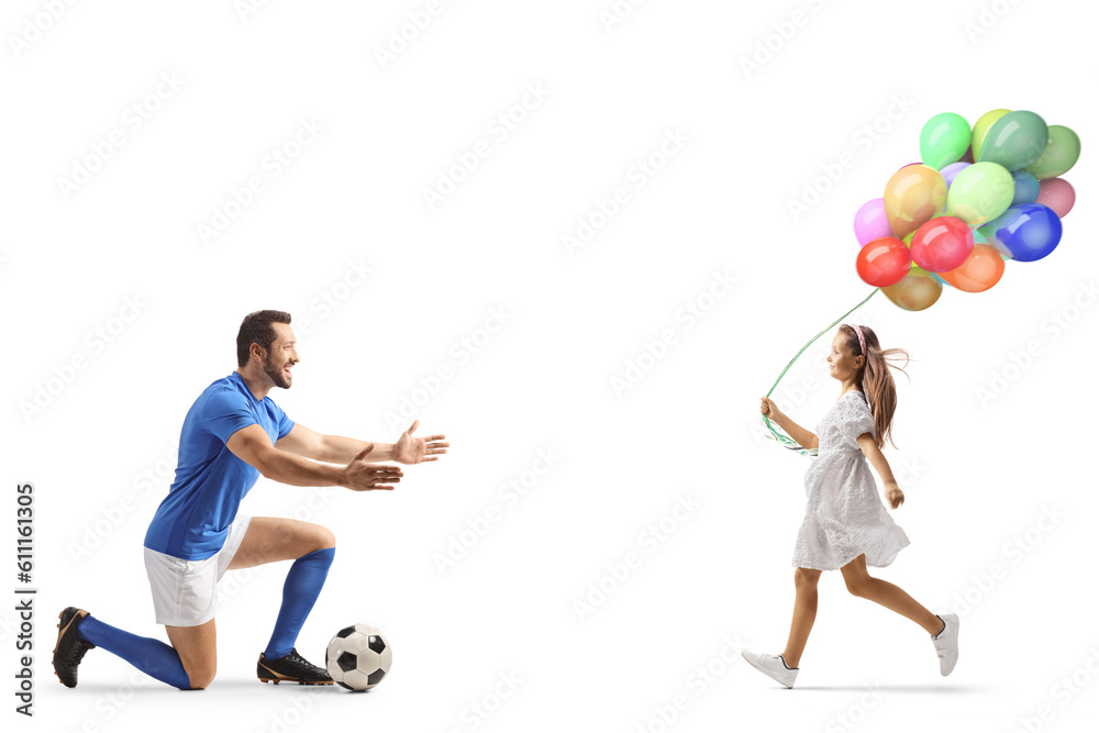 Girl with balloons running towards a football player