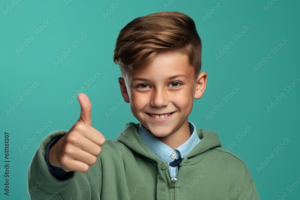 Close-up portrait photography of a happy boy in his 20s showing a thumb down against a mint green background. With generative AI technology Close-up portrait photography of a happy boy in his 20s showing a thumb down against a mint green background. With generative AI technology