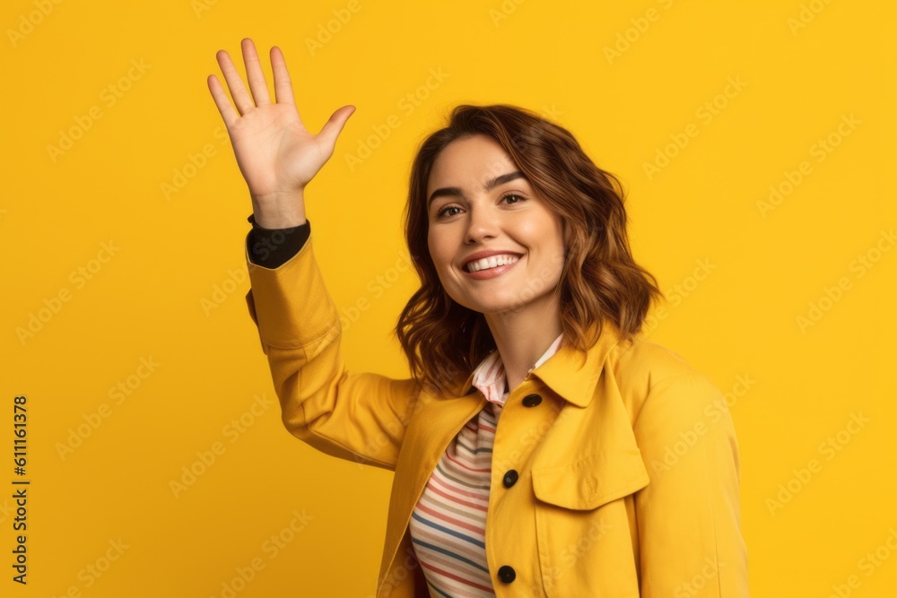 Medium shot portrait photography of a glad girl in her 30s waving with the hand against a bright yellow background. With generative AI technology Medium shot portrait photography of a glad girl in her 30s waving with the hand against a bright yellow background. With generative AI technology