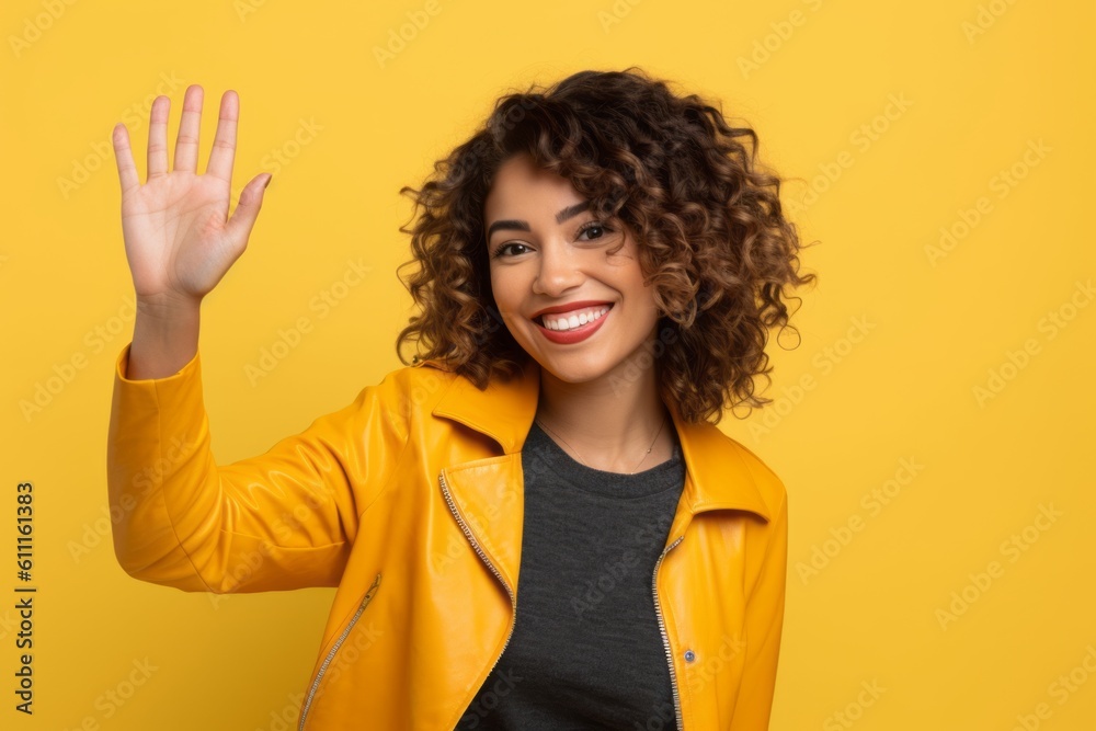 Medium shot portrait photography of a glad girl in her 30s waving with the hand against a bright yellow background. With generative AI technology Medium shot portrait photography of a glad girl in her 30s waving with the hand against a bright yellow background. With generative AI technology