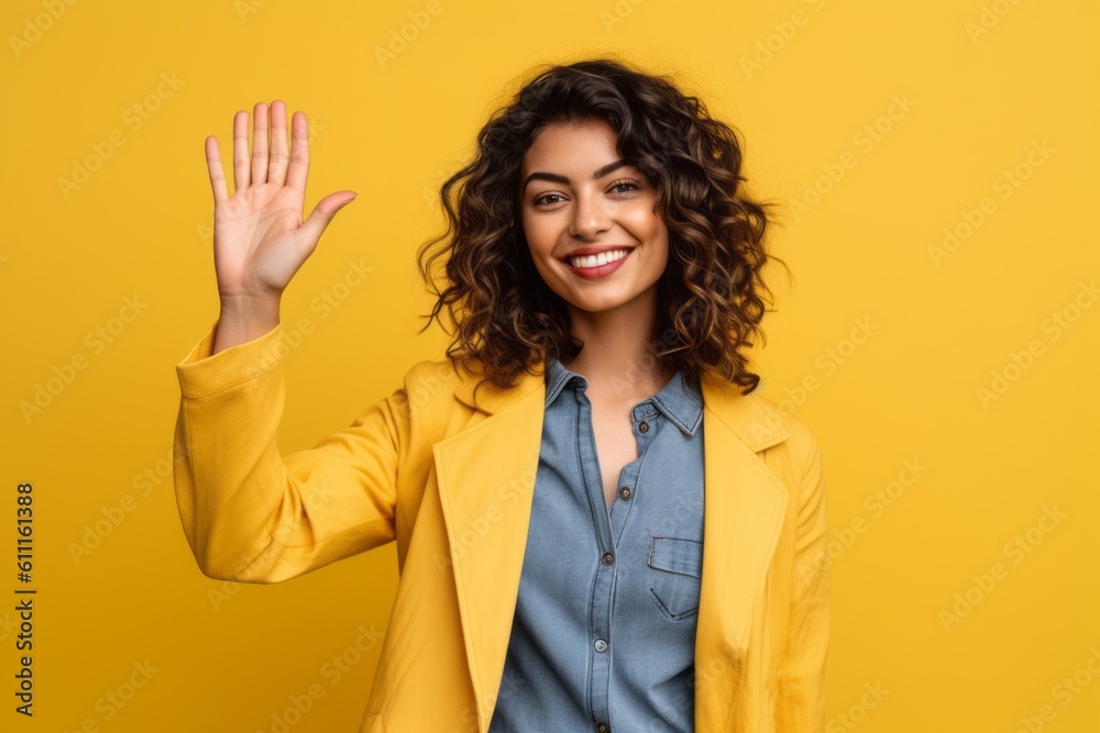 Medium shot portrait photography of a glad girl in her 30s waving with the hand against a bright yellow background. With generative AI technology Medium shot portrait photography of a glad girl in her 30s waving with the hand against a bright yellow background. With generative AI technology