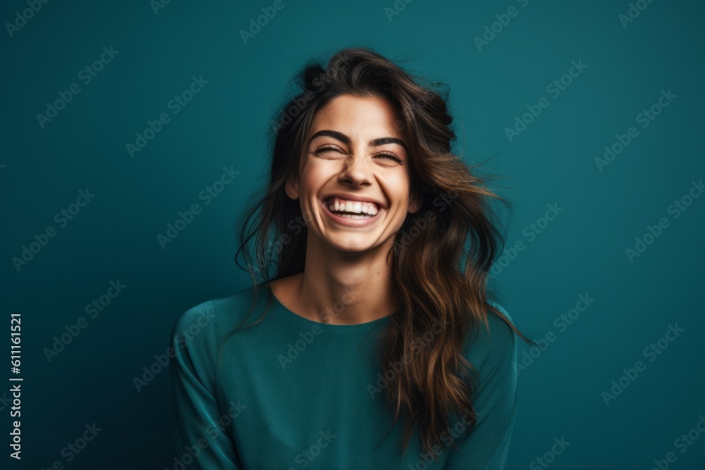 Medium shot portrait photography of a grinning girl in her 30s giving a hug to the camera against a teal blue background. With generative AI technology Medium shot portrait photography of a grinning girl in her 30s giving a hug to the camera against a teal blue background. With generative AI technology