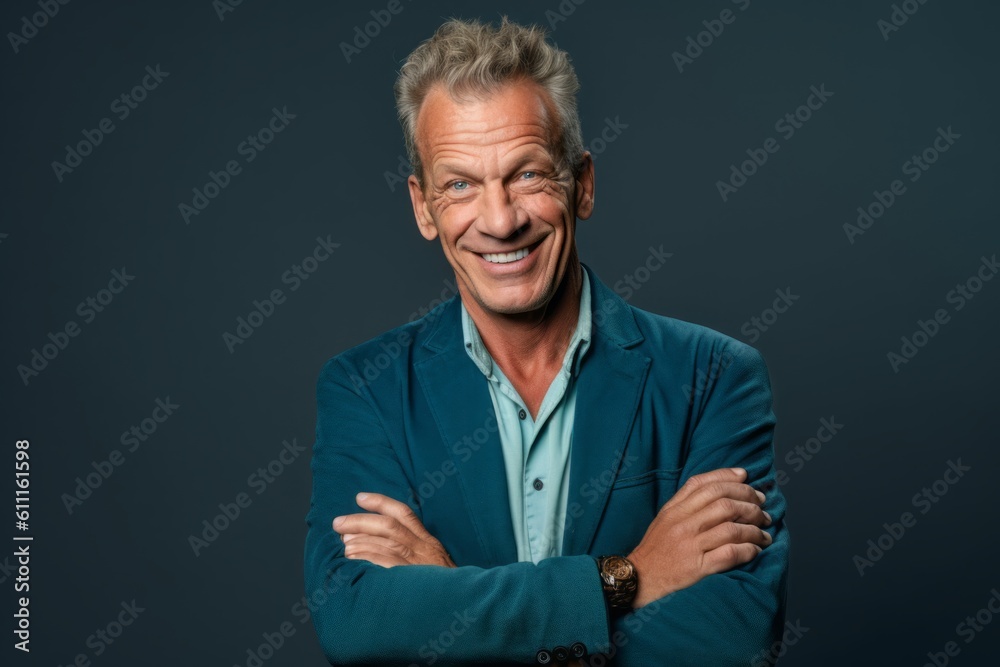 Photography in the style of pensive portraiture of a grinning mature man showing a thumb up against a teal blue background. With generative AI technology