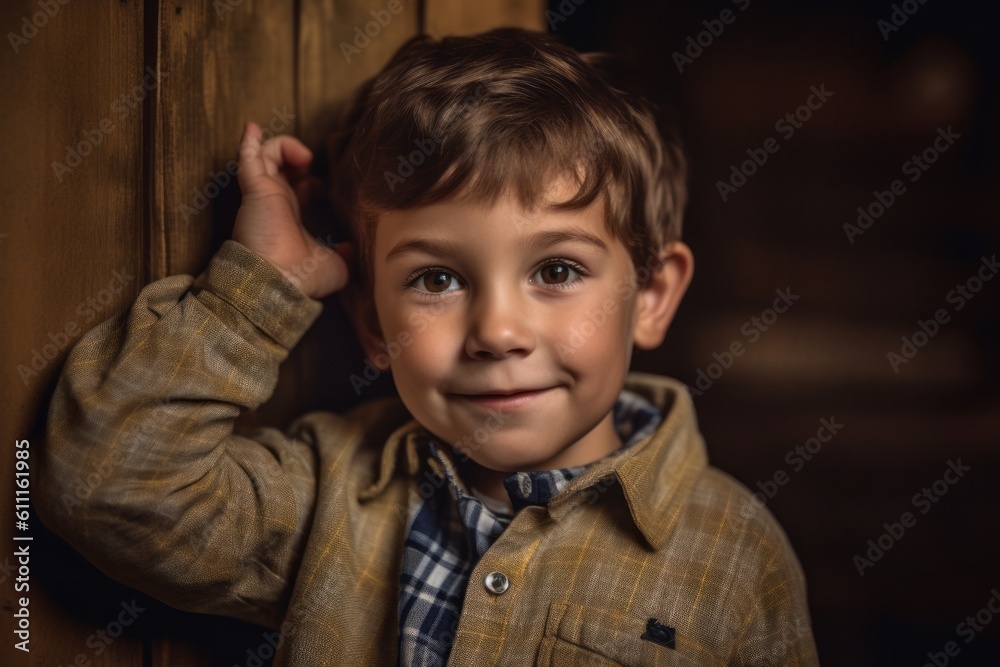 Photography in the style of pensive portraiture of a joyful kid male making a i'm listening gesture with the hand on the ear against a rustic brown background. With generative AI technology Photography in the style of pensive portraiture of a joyful kid male making a i'm listening gesture with the hand on the ear against a rustic brown background. With generative AI technology