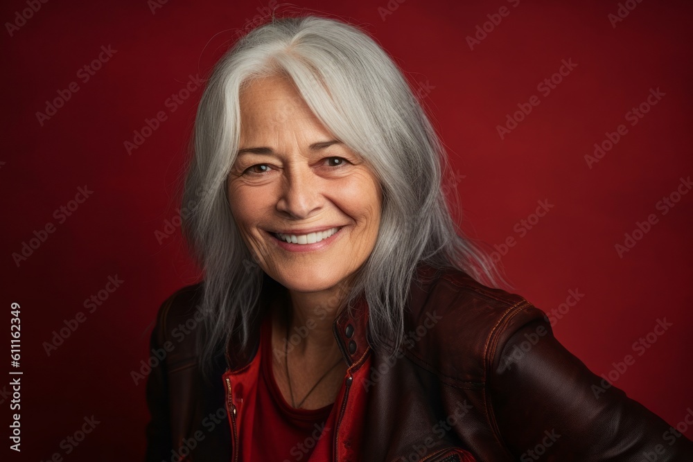 Headshot portrait photography of a glad mature woman giving a hug to the camera against a cherry red background. With generative AI technology