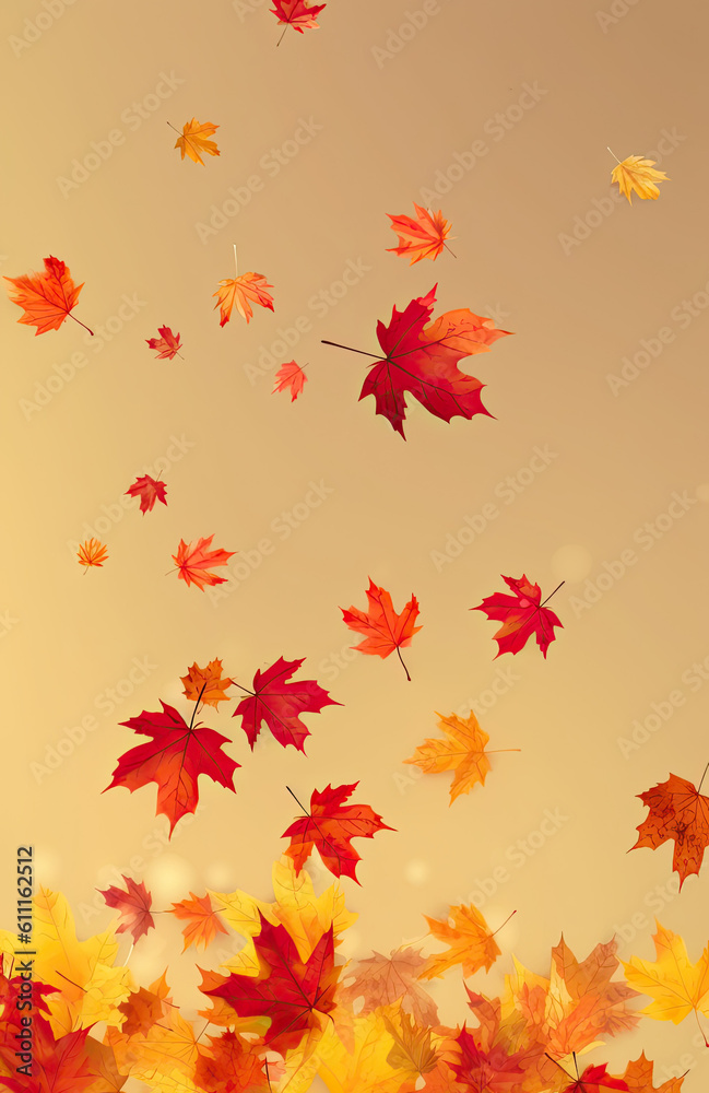 Flying fall maple leaves on beige background. Falling leaves, seasonal banner with autumn leaf fall Flying fall maple leaves on beige background. Falling leaves, seasonal banner with autumn leaf fall