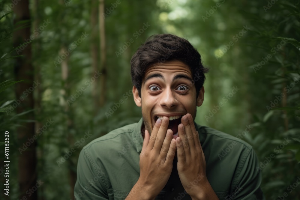 Close-up portrait photography of a grinning boy in his 30s making a surprise gesture by covering one's mouth against a forest green background. With generative AI technology Close-up portrait photography of a grinning boy in his 30s making a surprise gesture by covering one's mouth against a forest green background. With generative AI technology