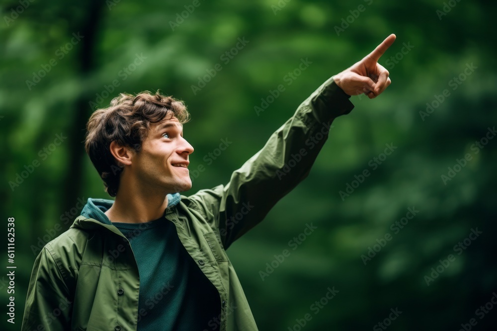 Fototapeta premium Close-up portrait photography of a satisfied boy in his 30s pointing up against a forest green background. With generative AI technology