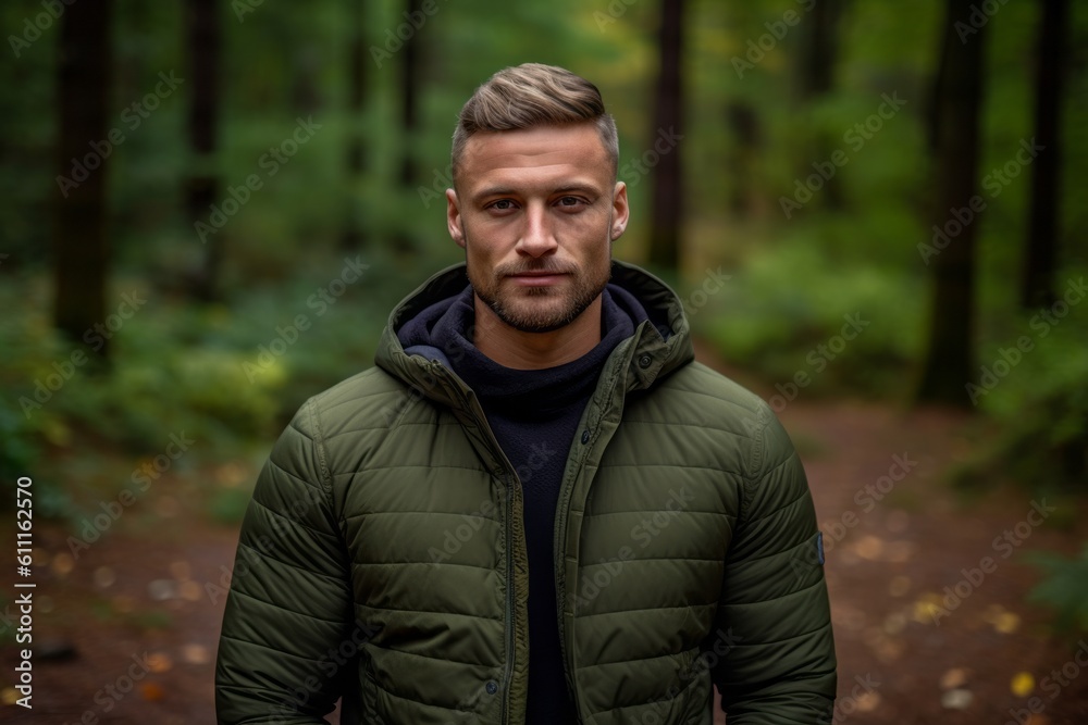 Headshot portrait photography of a glad boy in his 30s making a i'm cold gesture by hugging oneself against a forest green background. With generative AI technology