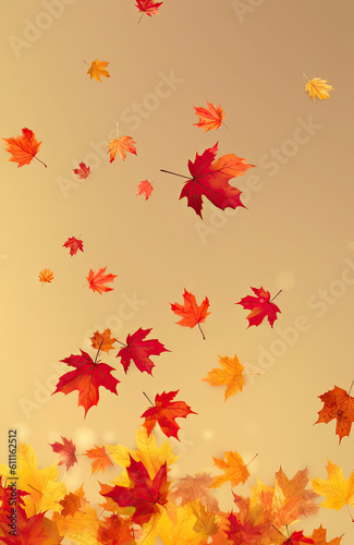 Flying fall maple leaves on beige background. Falling leaves  seasonal banner with autumn leaf fall
