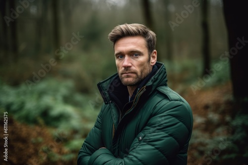Headshot portrait photography of a glad boy in his 30s making a i'm cold gesture by hugging oneself against a forest green background. With generative AI technology © Markus Schröder