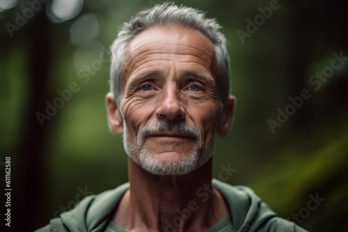 Close-up portrait photography of a glad mature man doing a yoga pose against a forest green background. With generative AI technology