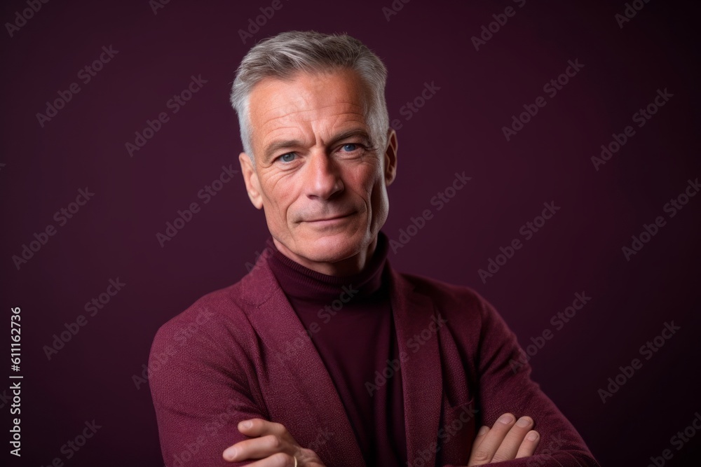 Close-up portrait photography of a glad mature man crossing the arms against a rich maroon background. With generative AI technology