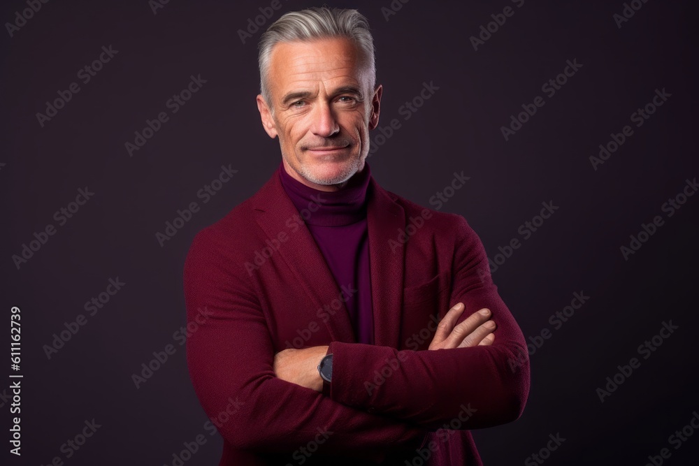 Close-up portrait photography of a glad mature man crossing the arms against a rich maroon background. With generative AI technology