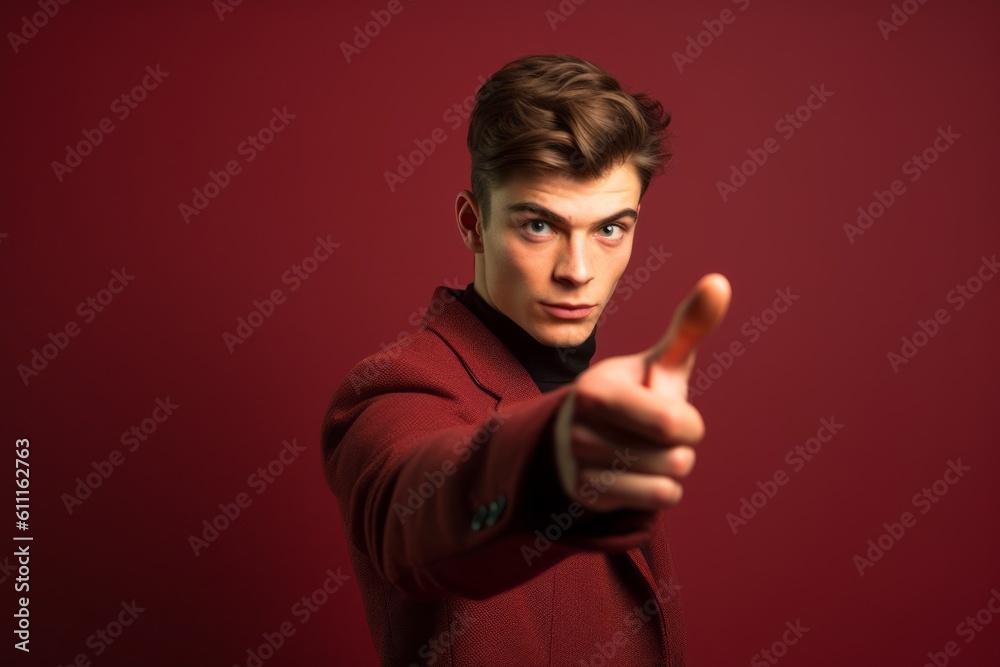 Medium shot portrait photography of a glad boy in his 20s pointing at oneself with the index finger against a rich maroon background. With generative AI technology
