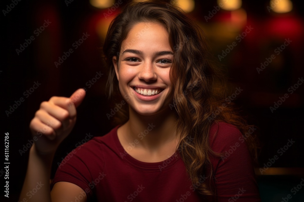 Headshot portrait photography of a grinning girl in her 20s raising both thumbs up against a rich maroon background. With generative AI technology