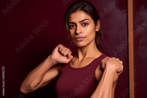 Close-up portrait photography of a glad girl in her 30s making a i'm strong gesture showing muscles against a rich maroon background. With generative AI technology