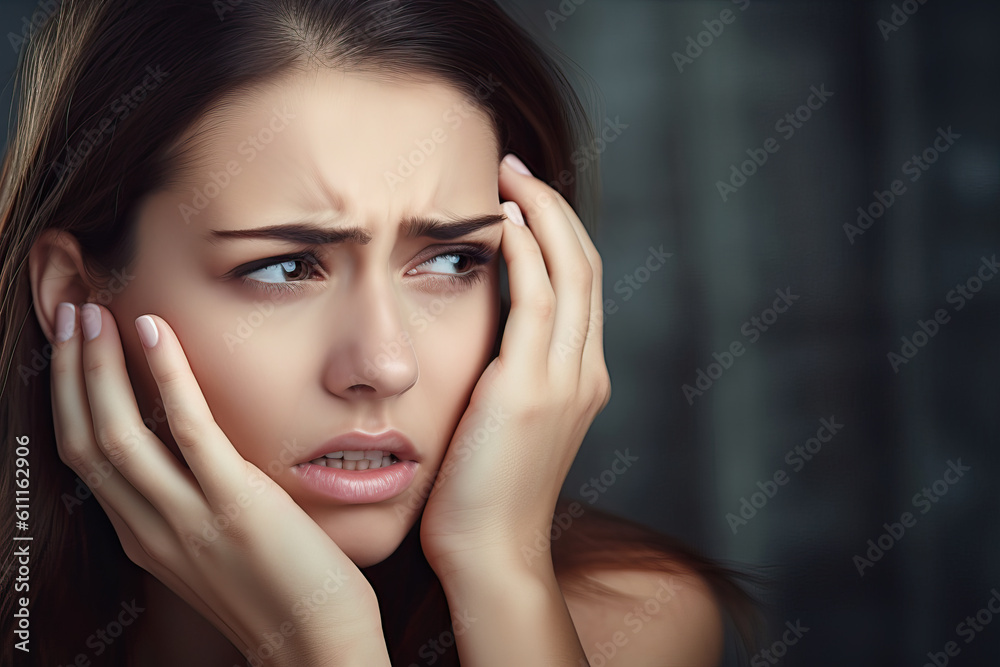 Illustration of a woman covering her face with her hands in distress created with Generative AI technology Illustration of a woman covering her face with her hands in distress created with Generative AI technology