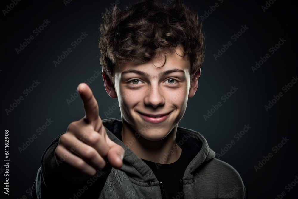 Close-up portrait photography of a happy boy in his 20s raising a finger as if having an idea against a dark grey background. With generative AI technology Close-up portrait photography of a happy boy in his 20s raising a finger as if having an idea against a dark grey background. With generative AI technology