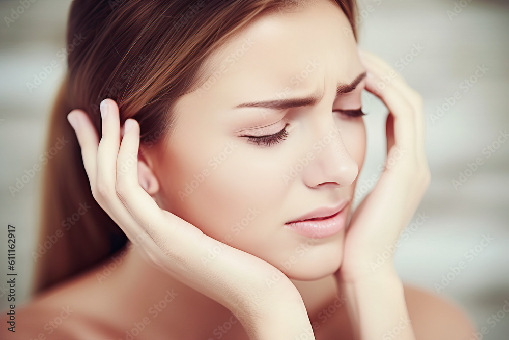 Illustration of a woman in distress with her hands on her face created with Generative AI technology Illustration of a woman in distress with her hands on her face created with Generative AI technology