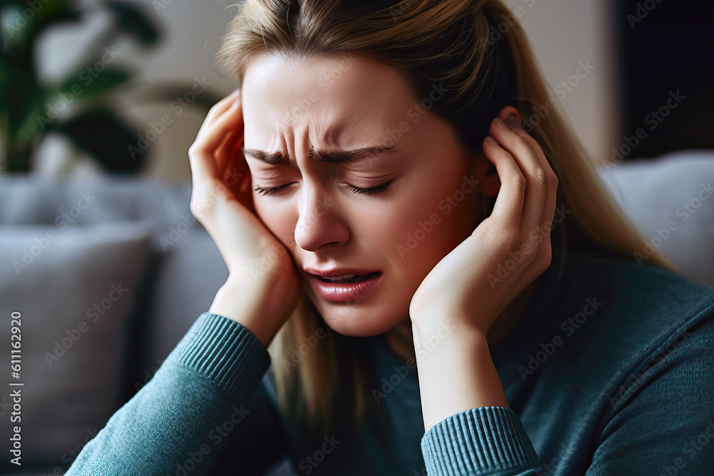 A woman holding her head in her hands created with Generative AI technology A woman holding her head in her hands created with Generative AI technology