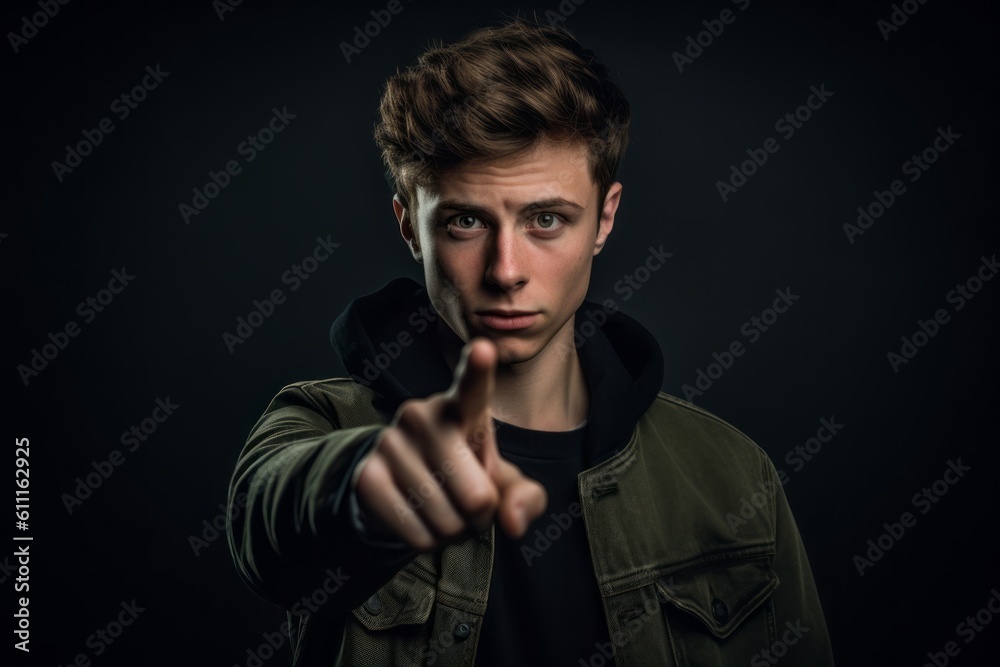 Medium shot portrait photography of a glad boy in his 20s making a i'm thinking gesture with the finger on the temple against a dark grey background. With generative AI technology