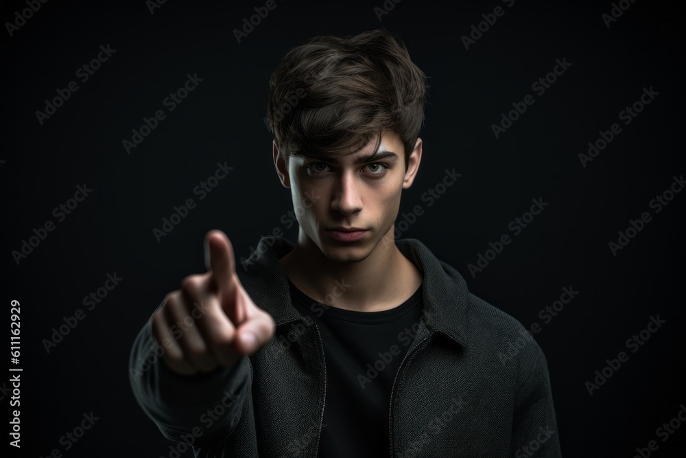 Medium shot portrait photography of a glad boy in his 20s making a i'm thinking gesture with the finger on the temple against a dark grey background. With generative AI technology Medium shot portrait photography of a glad boy in his 20s making a i'm thinking gesture with the finger on the temple against a dark grey background. With generative AI technology