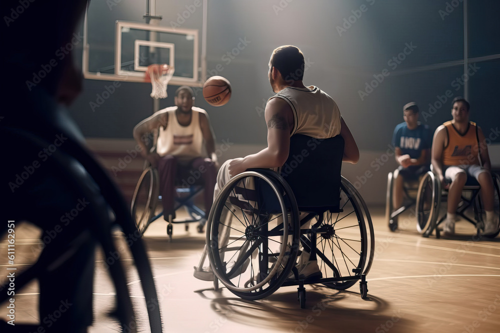 A group of men in wheelchairs playing basketball created with Generative AI technology A group of men in wheelchairs playing basketball created with Generative AI technology