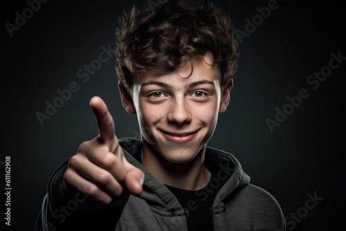 Close-up portrait photography of a happy boy in his 20s raising a finger as if having an idea against a dark grey background. With generative AI technology
