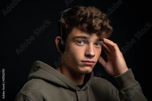 Medium shot portrait photography of a glad boy in his 20s making a i'm listening gesture with the hand on the ear against a dark grey background. With generative AI technology